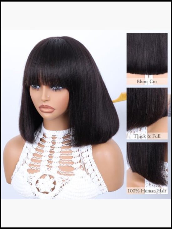 Glueless Bob Wig Human Hair Yaki Straight 12 Inch Short Blunt Cut Wear and Go main image 6